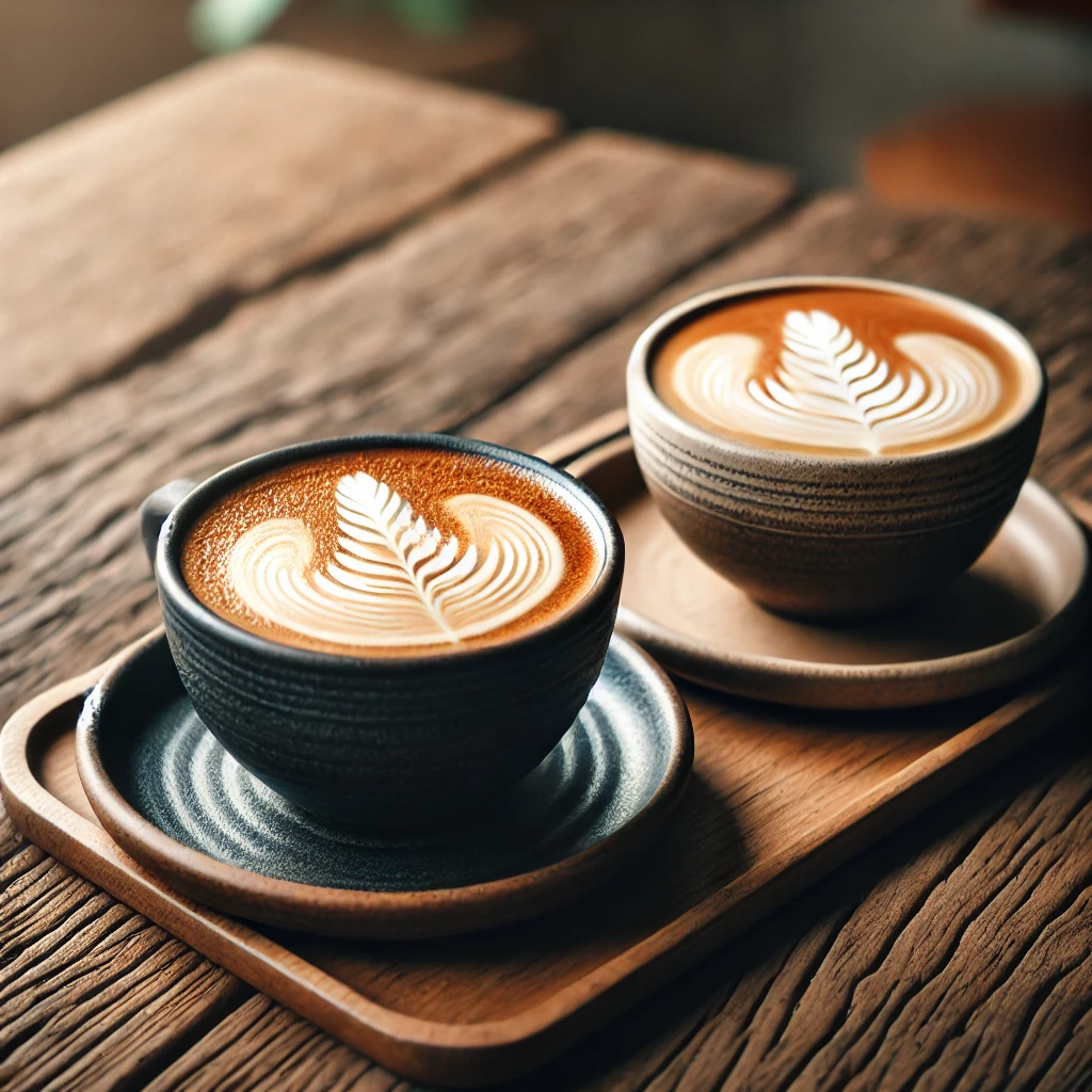 DALL·E 2025-01-25 23.33.44 - Two cups of café latte with beautiful latte art served on a rustic wooden table. One cup is black and the other is white, both with a ceramic texture